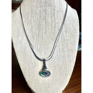 925 Sterling Silver Abalone Shell Pendant Necklace 18” Italy Herringbone Chain
